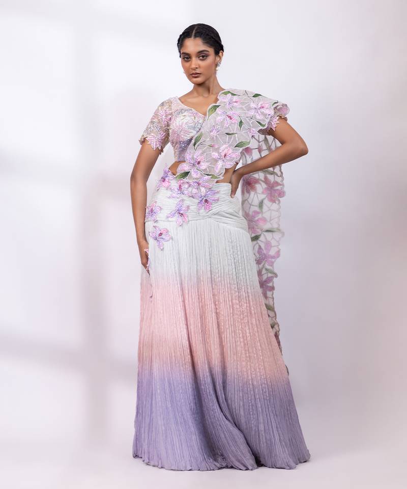 Pink muted lilac embroidered chinon drape saree set