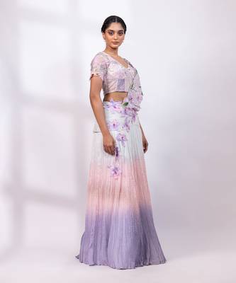 Pink muted lilac embroidered chinon drape saree set 2