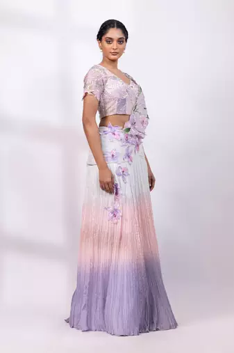 Pink muted lilac embroidered chinon drape saree set