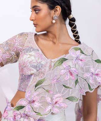 Pink muted lilac embroidered chinon drape saree set 3
