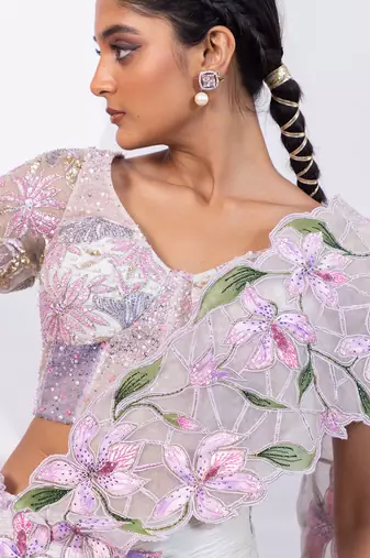 Pink muted lilac embroidered chinon drape saree set