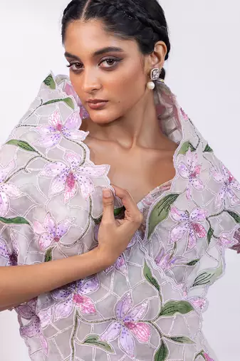 Pink muted lilac embroidered chinon drape saree set