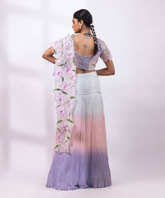 Pink muted lilac embroidered chinon drape saree set 5