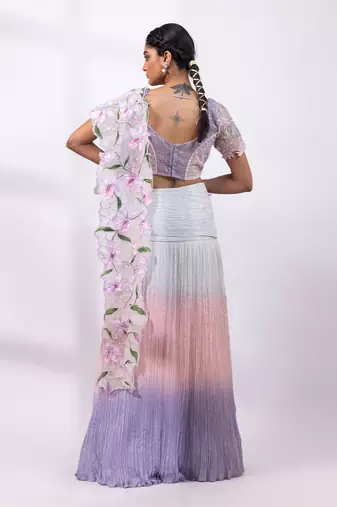 Pink muted lilac embroidered chinon drape saree set