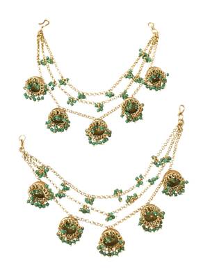 latkan jhumki 3 string chain green pearl gold plated thread earring brass kaan chain for women 1