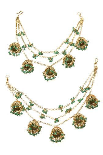 latkan jhumki 3 string chain green pearl gold plated thread earring brass kaan chain for women