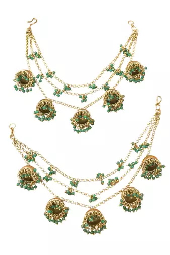 latkan jhumki 3 string chain green pearl gold plated thread earring brass kaan chain for women