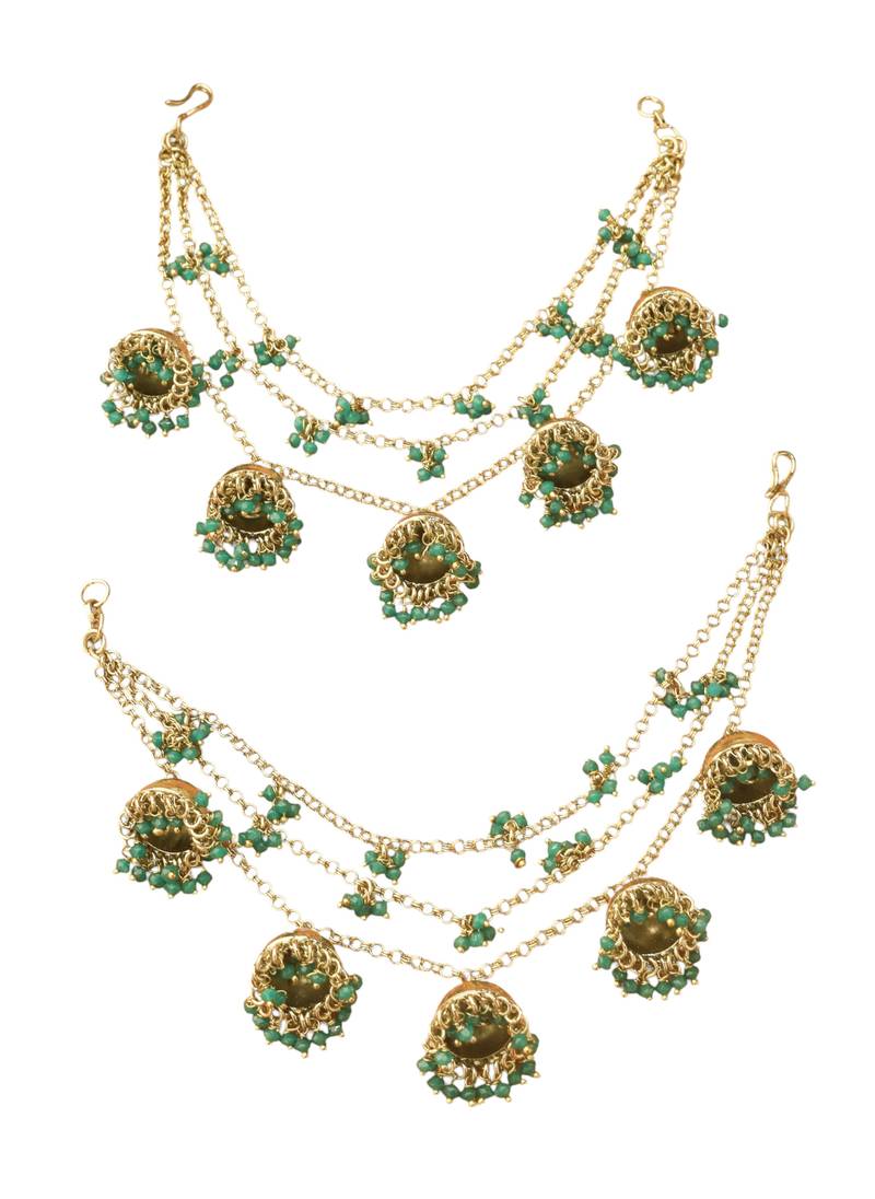 latkan jhumki 3 string chain green pearl gold plated thread earring brass kaan chain for women