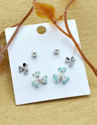 lovely heart and flower design combo of 3 silver plated stud earring for women and girls 1