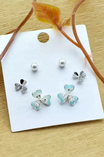 lovely heart and flower design combo of 3 silver plated stud earring for women and girls