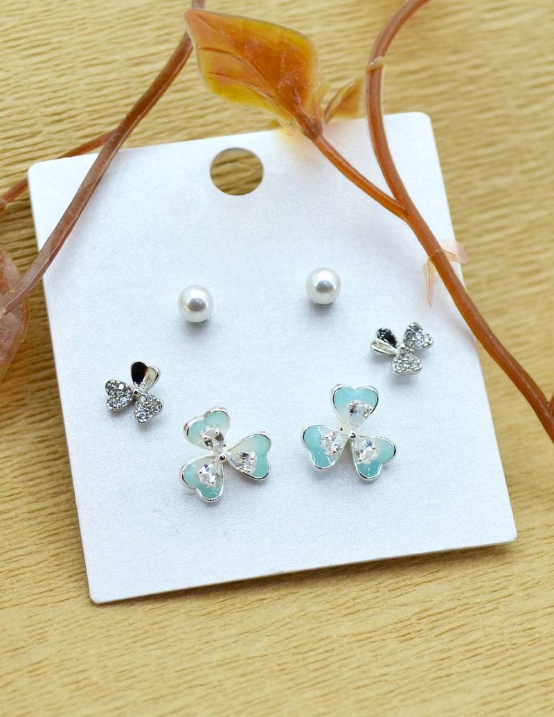 lovely heart and flower design combo of 3 silver plated stud earring for women and girls