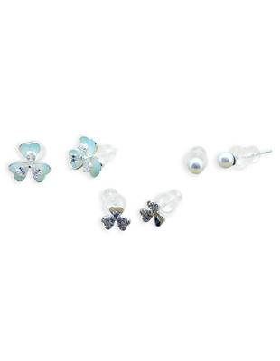 lovely heart and flower design combo of 3 silver plated stud earring for women and girls 2
