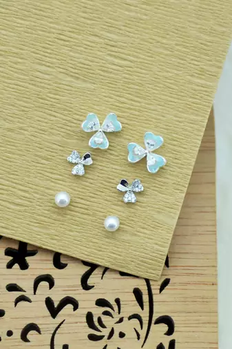 lovely heart and flower design combo of 3 silver plated stud earring for women and girls