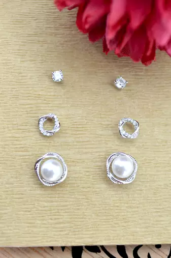 pretty round shape mother of pearl combo of 3 silver plated stud earring for women and girls