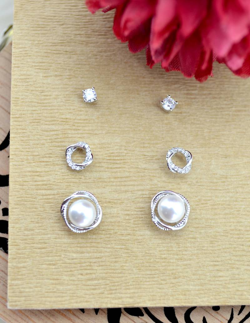 pretty round shape mother of pearl combo of 3 silver plated stud earring for women and girls