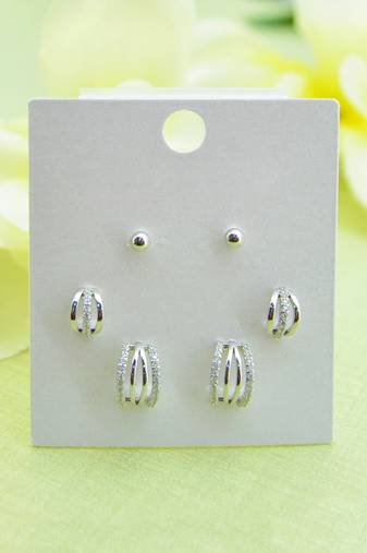 fancy cuff shape cz studded combo of 3 silver plated stud earring for women and girls