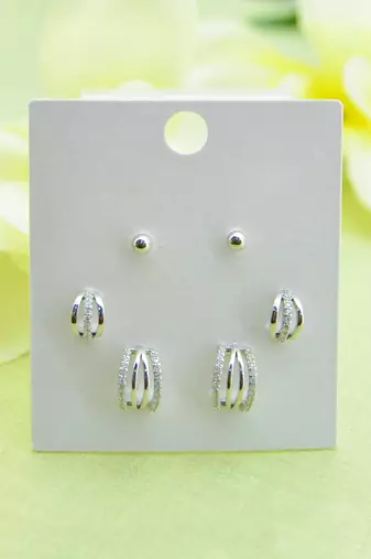 fancy cuff shape cz studded combo of 3 silver plated stud earring for women and girls