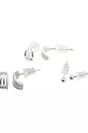 fancy cuff shape cz studded combo of 3 silver plated stud earring for women and girls