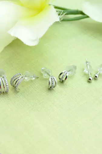 fancy cuff shape cz studded combo of 3 silver plated stud earring for women and girls