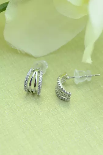 fancy cuff shape cz studded combo of 3 silver plated stud earring for women and girls