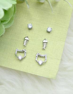 attractive round and fish design combo of 3 silver plated stud earring for women and girls 1