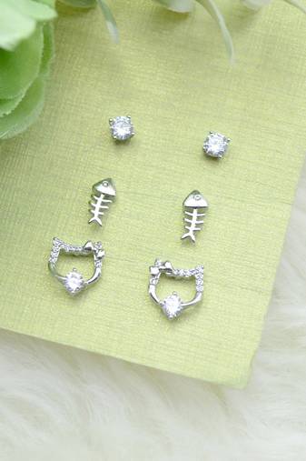 attractive round and fish design combo of 3 silver plated stud earring for women and girls