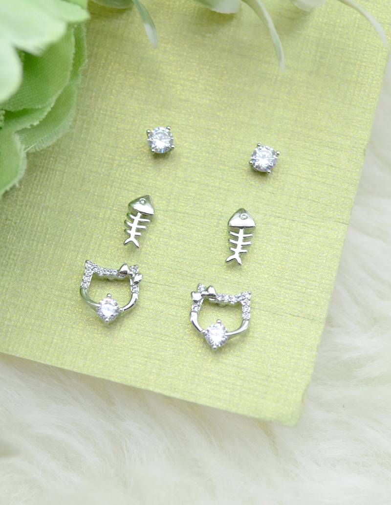 attractive round and fish design combo of 3 silver plated stud earring for women and girls