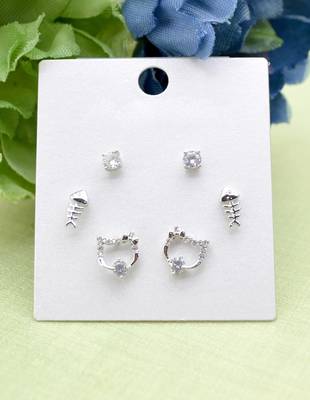 attractive round and fish design combo of 3 silver plated stud earring for women and girls 3