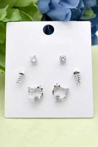 attractive round and fish design combo of 3 silver plated stud earring for women and girls