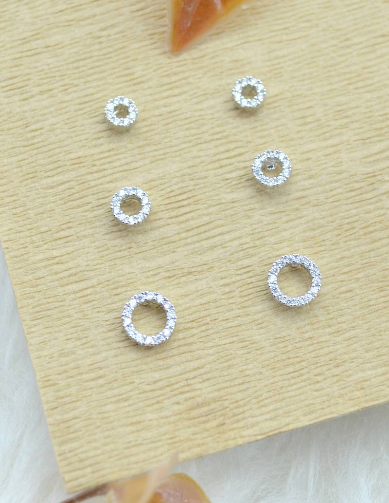 classy round shape cz studded combo of 3 silver plated stud earring for women and girls