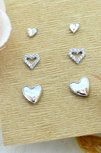eye-catchy heart shape combo of 3 silver plated stud earring for women and girls