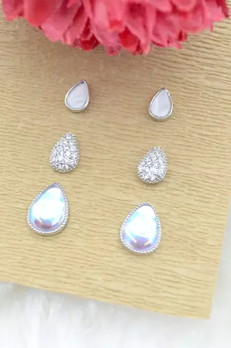 graceful oval shape combo of 3 silver plated stud earring for women and girls