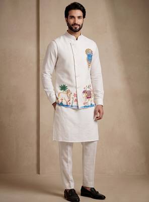 Men embroidered designer kurta trouser and waistcoat set 1