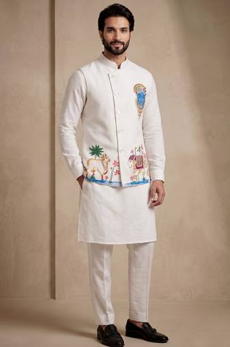 Men embroidered designer kurta trouser and waistcoat set