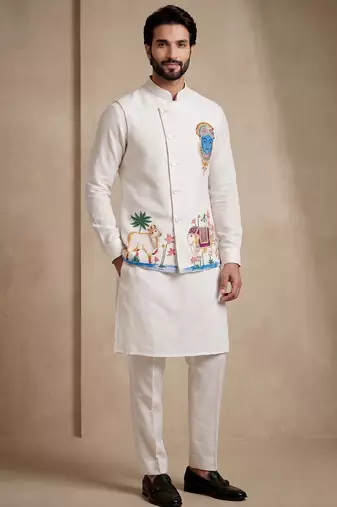 Men embroidered designer kurta trouser and waistcoat set