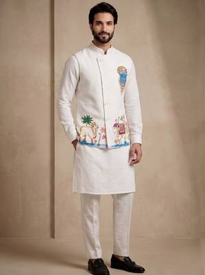 Men embroidered designer kurta trouser and waistcoat set 2