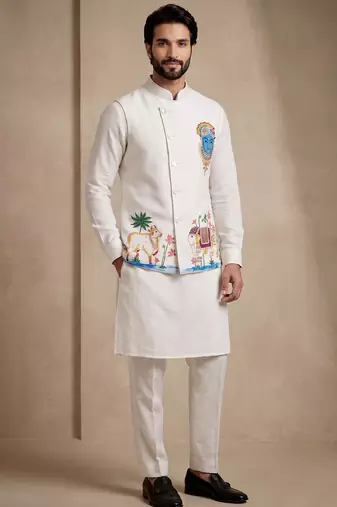 Men embroidered designer kurta trouser and waistcoat set