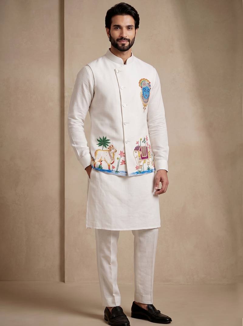 Men embroidered designer kurta trouser and waistcoat set