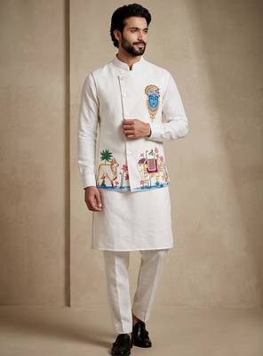 Men embroidered designer kurta trouser and waistcoat set 3