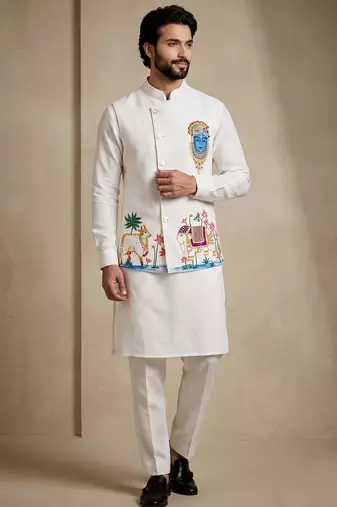 Men embroidered designer kurta trouser and waistcoat set