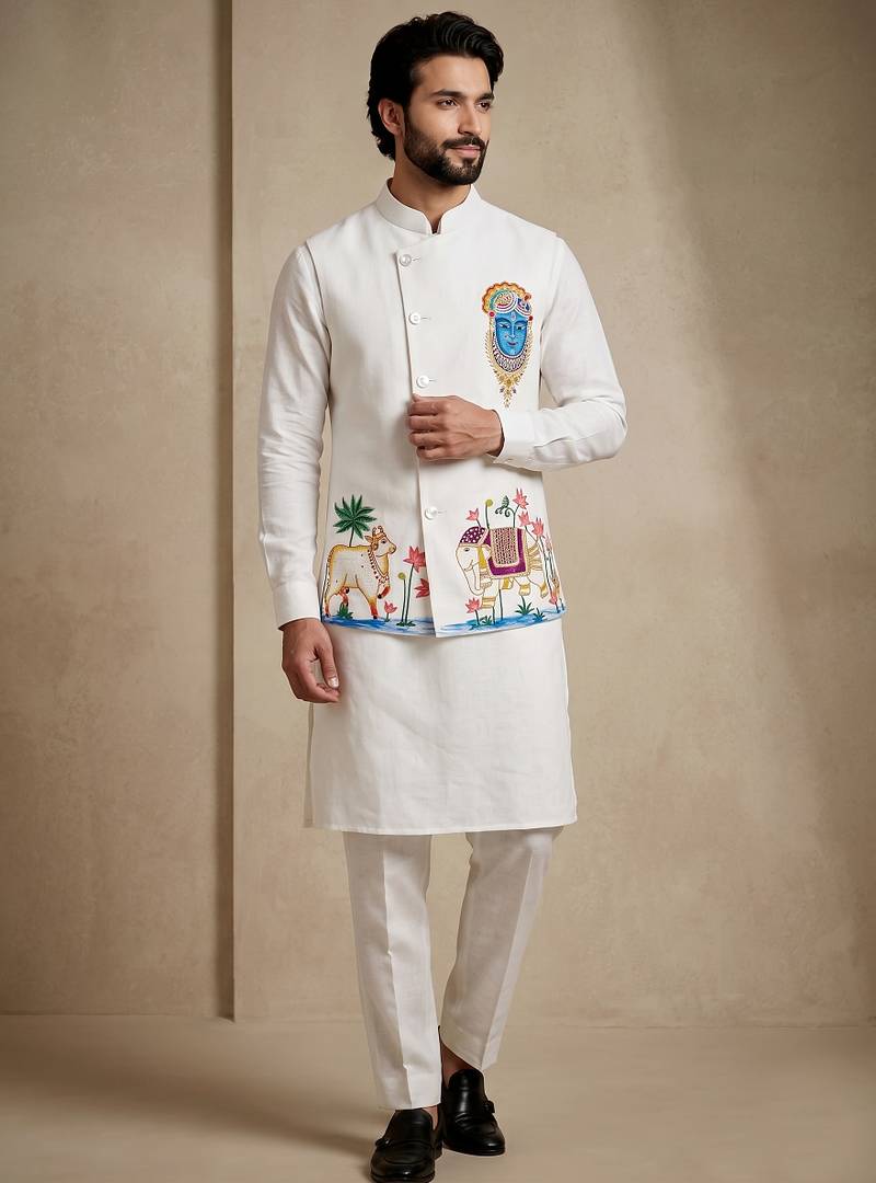 Men embroidered designer kurta trouser and waistcoat set