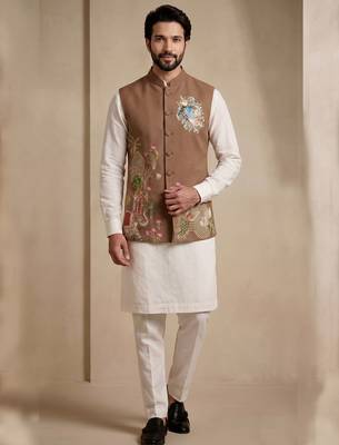 Men embroidered designer kurta trouser and waistcoat set 1