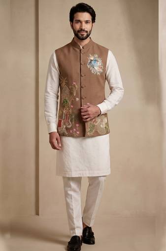 Men embroidered designer kurta trouser and waistcoat set