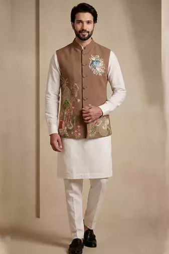 Men embroidered designer kurta trouser and waistcoat set