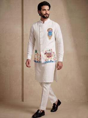 Men embroidered designer kurta trouser and waistcoat set 4