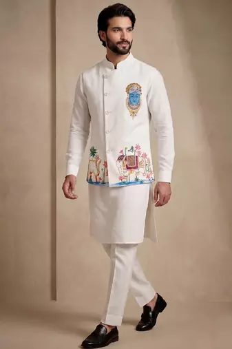 Men embroidered designer kurta trouser and waistcoat set