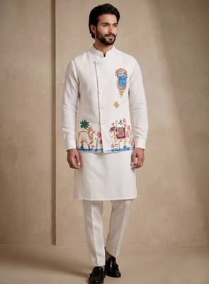 Men embroidered designer kurta trouser and waistcoat set 5