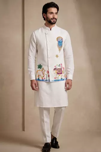 Men embroidered designer kurta trouser and waistcoat set
