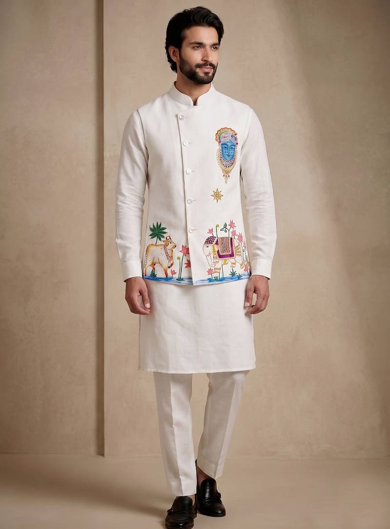 Men embroidered designer kurta trouser and waistcoat set