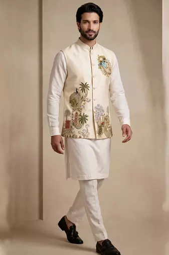 Men embroidered designer kurta trouser and waistcoat set